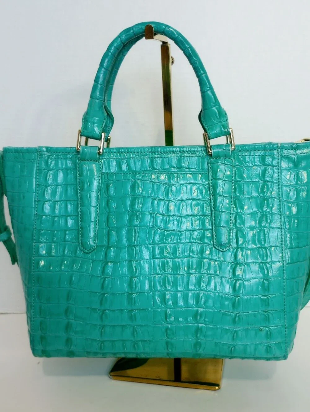 Brahmin Turquoise La Scala Mini Arno Croc Embossed Leather Crossbody Satchel Bag